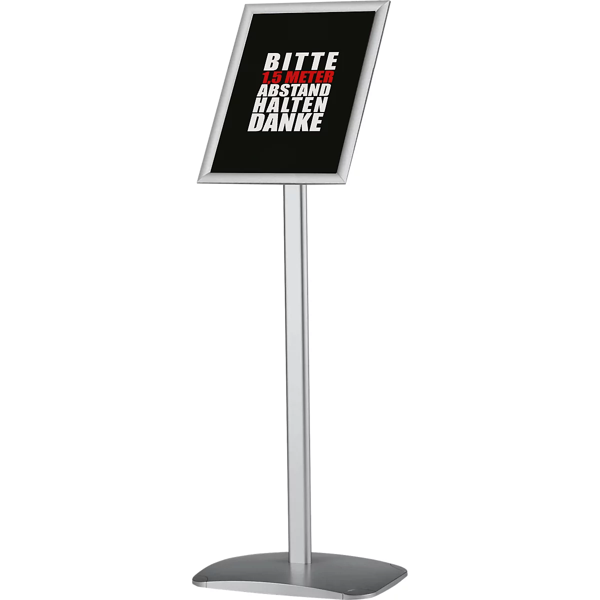 A silver-colored stand with a black sign that reads "Please keep a distance of 1.5 meters. Thank you" in white letters.