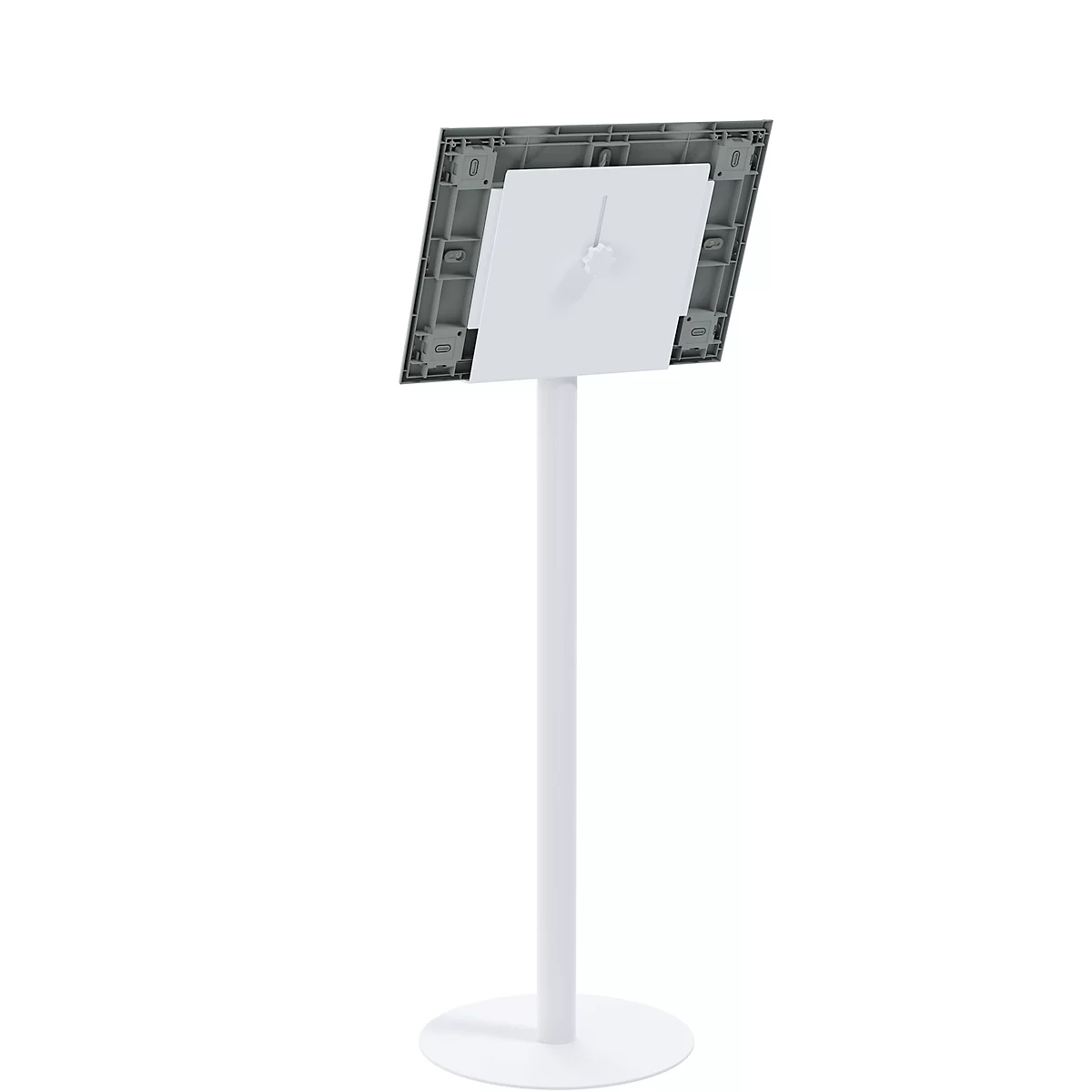 Ein weißer Präsentationsständer, auf dem ein Bildschirm oder eine Tafel platziert werden kann.