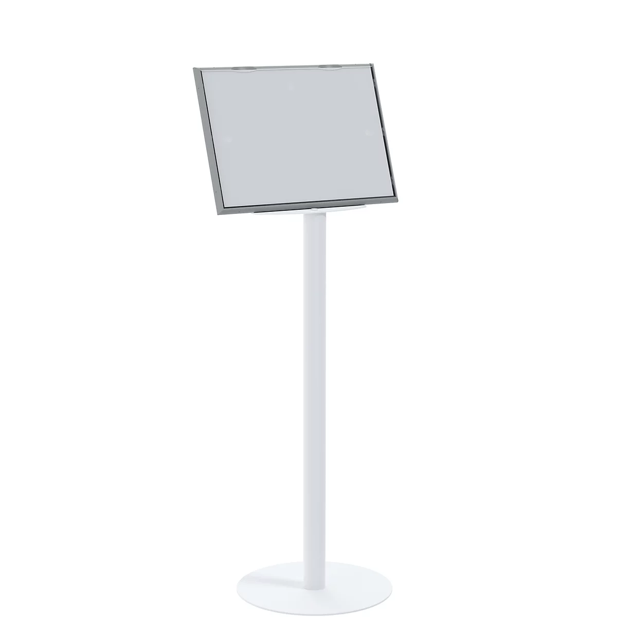 Weißes Schild auf einem Ständer; quadratische Form, Textfeld, metallener Rahmen.