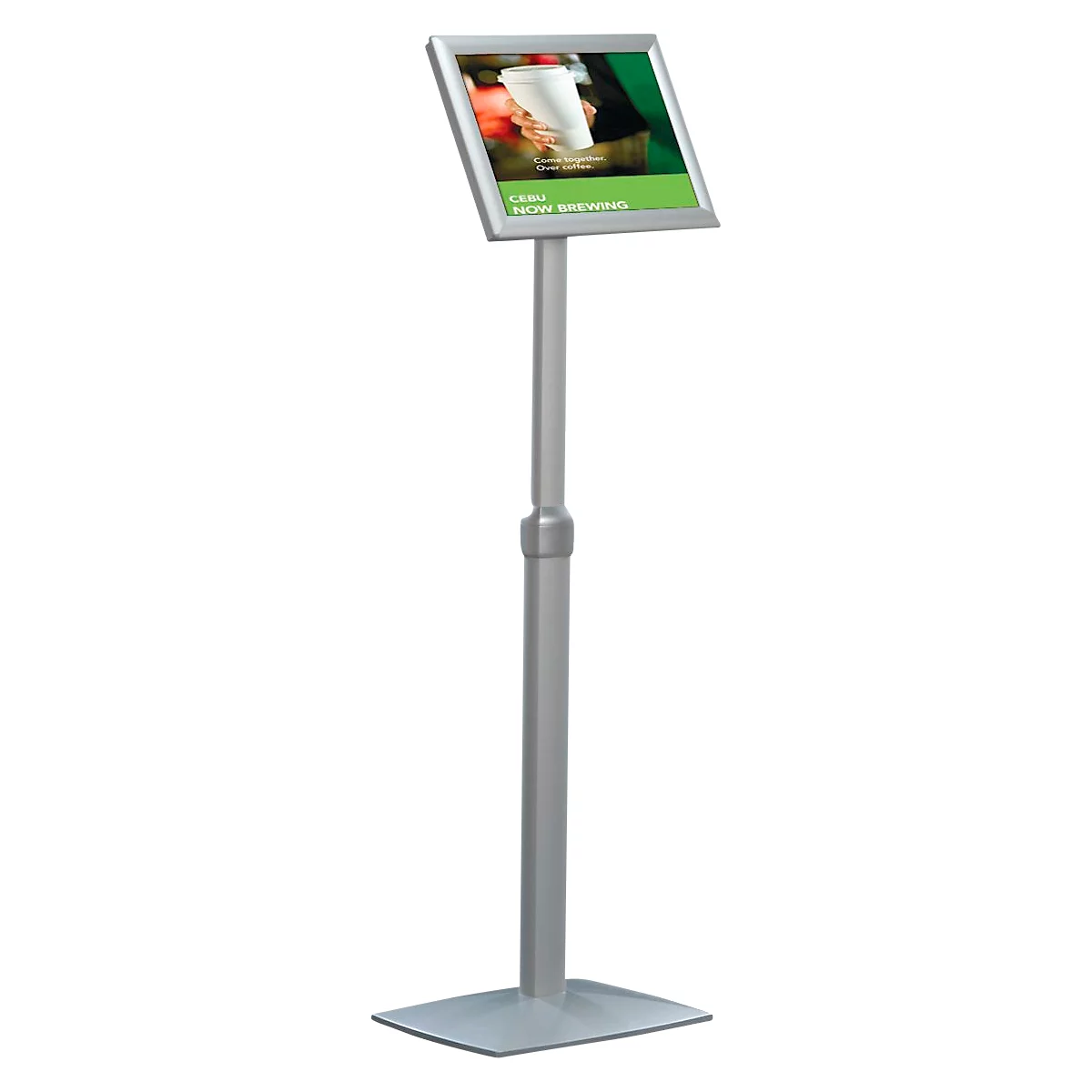 Infoständer Update Display, DIN A4, höhenverstellbar, neigbar, 25 mm Klapprahmen, Aluminium, silber