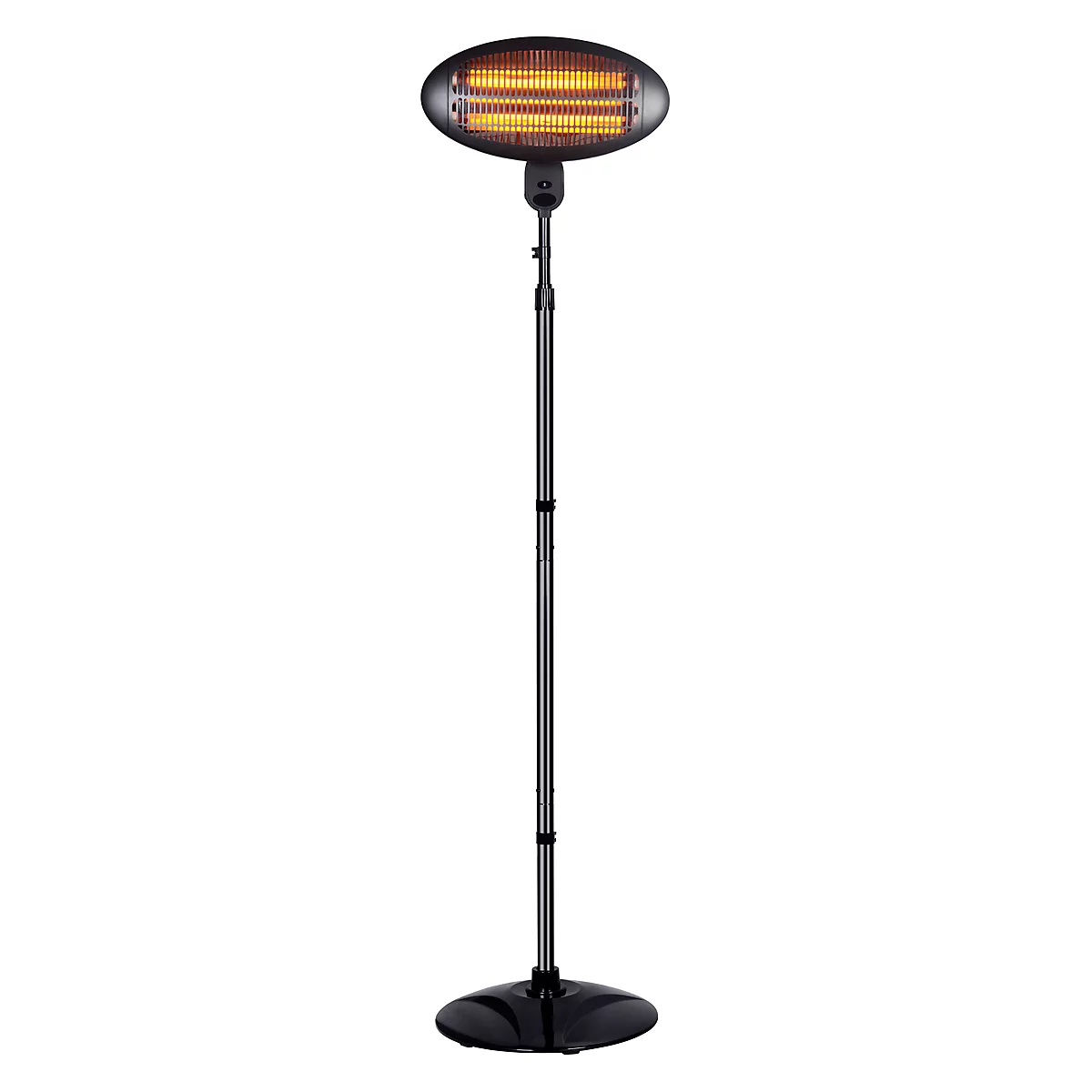 A black patio heater standing on a base. The heating head is oval and glows orange. The stand is slender and adjustable.