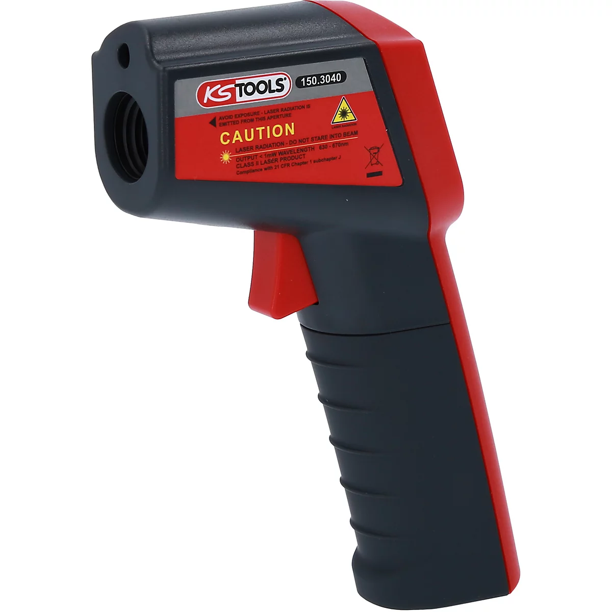 Infrarot-Thermometer mit roter Auslösetaste und rotem Akzent. Auf dem Gerät steht "CAUTION".
