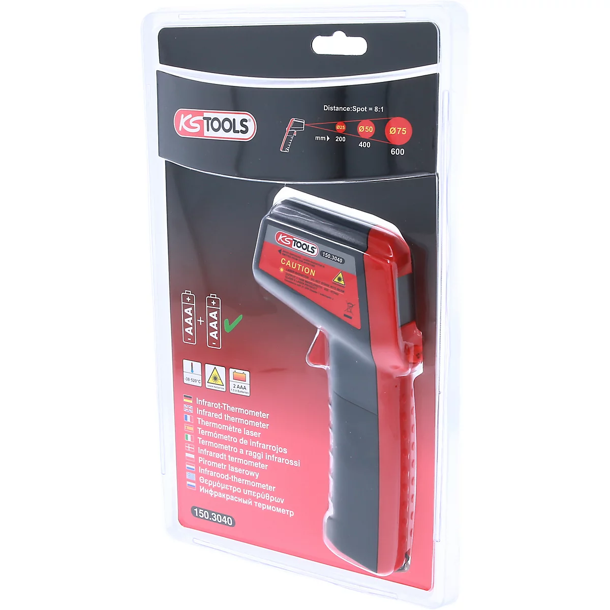 Infrarot-Thermometer von KS Tools in Verpackung. Rot, schwarz, weiß. Aufschrift: "CAUTION".