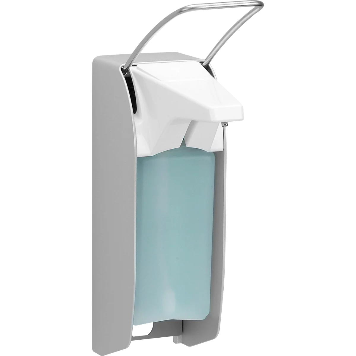 Grijze zeepdispenser met witte deksel en turquoise inhoud, metalen houder.