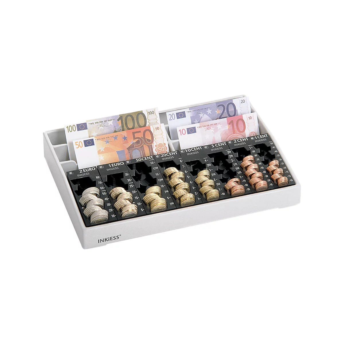 A white cash tray filled with Euro banknotes and coins. Notes from 10 to 100 euros. Coins from 1 to 2 euros.