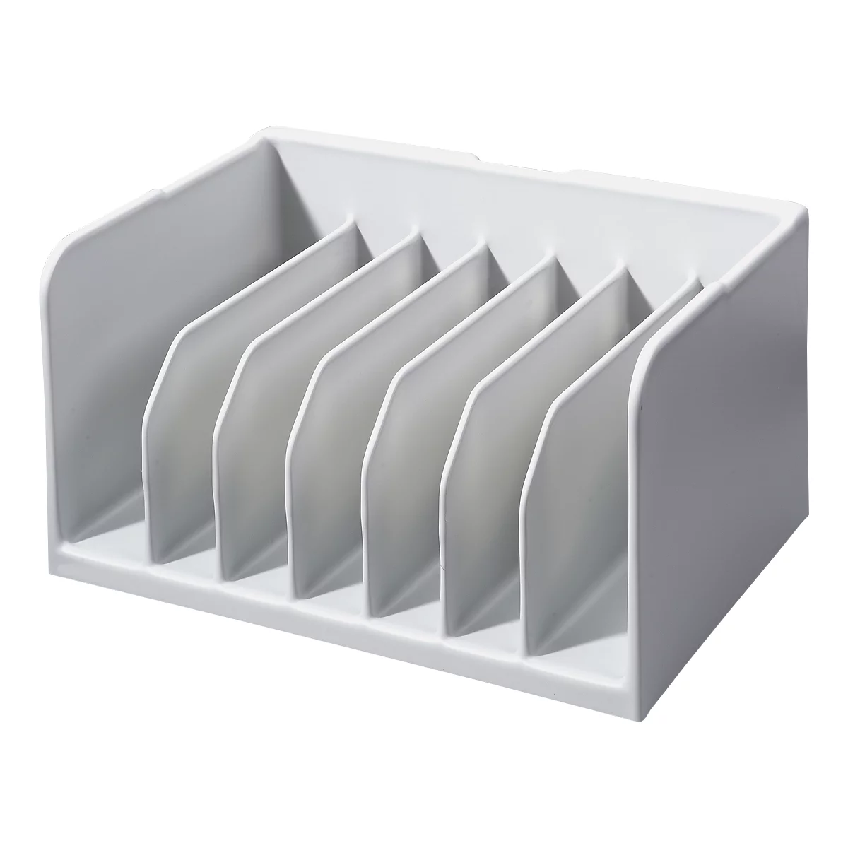 Witte ordner met zes vakken, schuin geplaatst. 