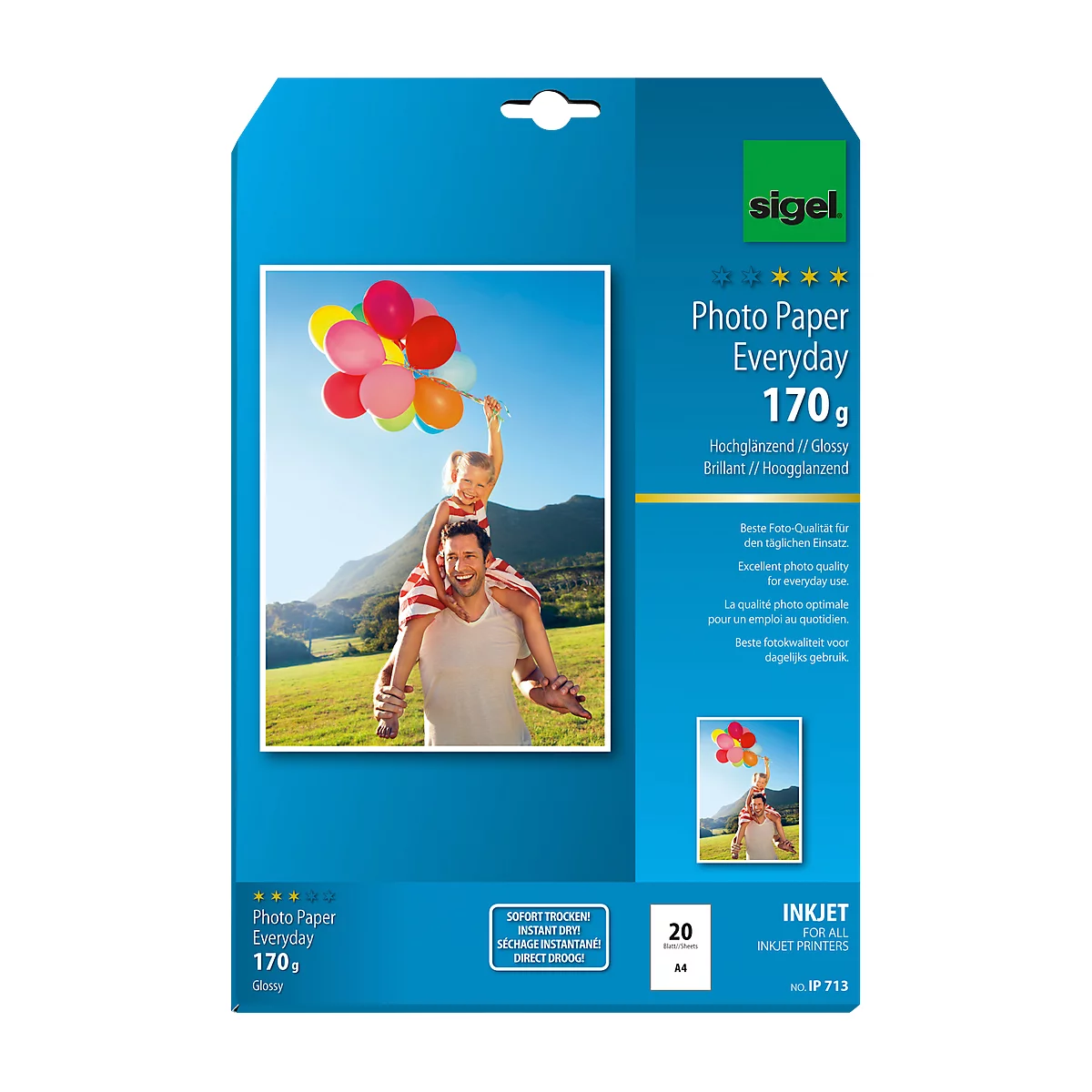 Eine Packung Fotopapier zeigt ein Kind auf den Schultern eines Mannes mit Luftballons. Aufschrift: Photo Paper Everyday.