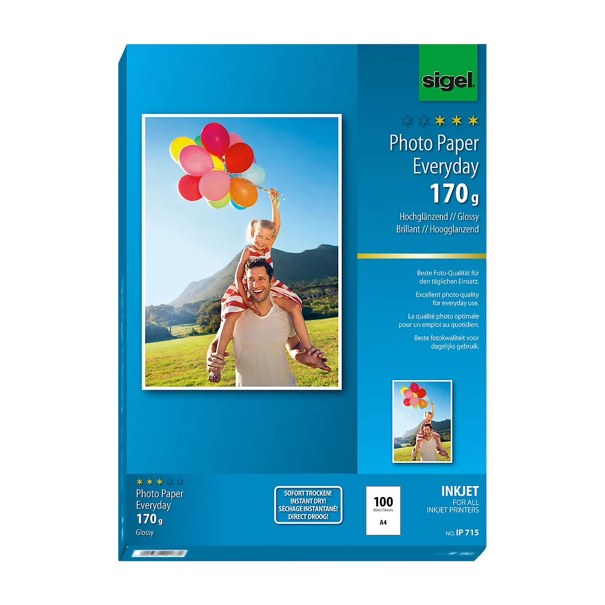 A man carries a child on his shoulders. Both are holding colorful balloons in the air. The packaging says 'Photo Paper Everyday'.