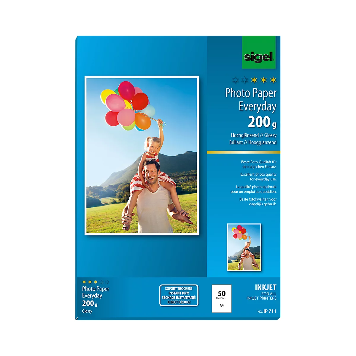 A father carries a child on his shoulders holding balloons. The image also shows a photo paper package.