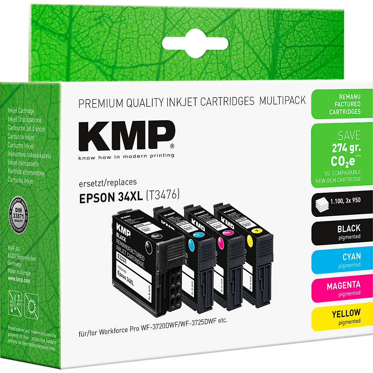 KMP inktcartridge multipack ter vervanging van Epson 34XL, met vier cartridges op een witte doos met groen bladpatroon.