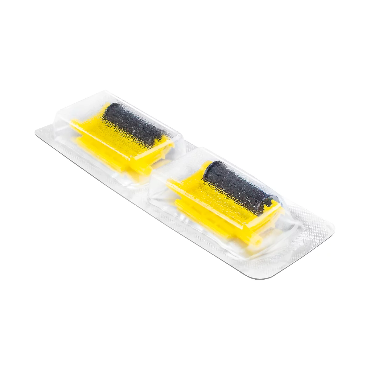 Twee gele inktrollers met zwarte rollen in een transparante plastic verpakking.