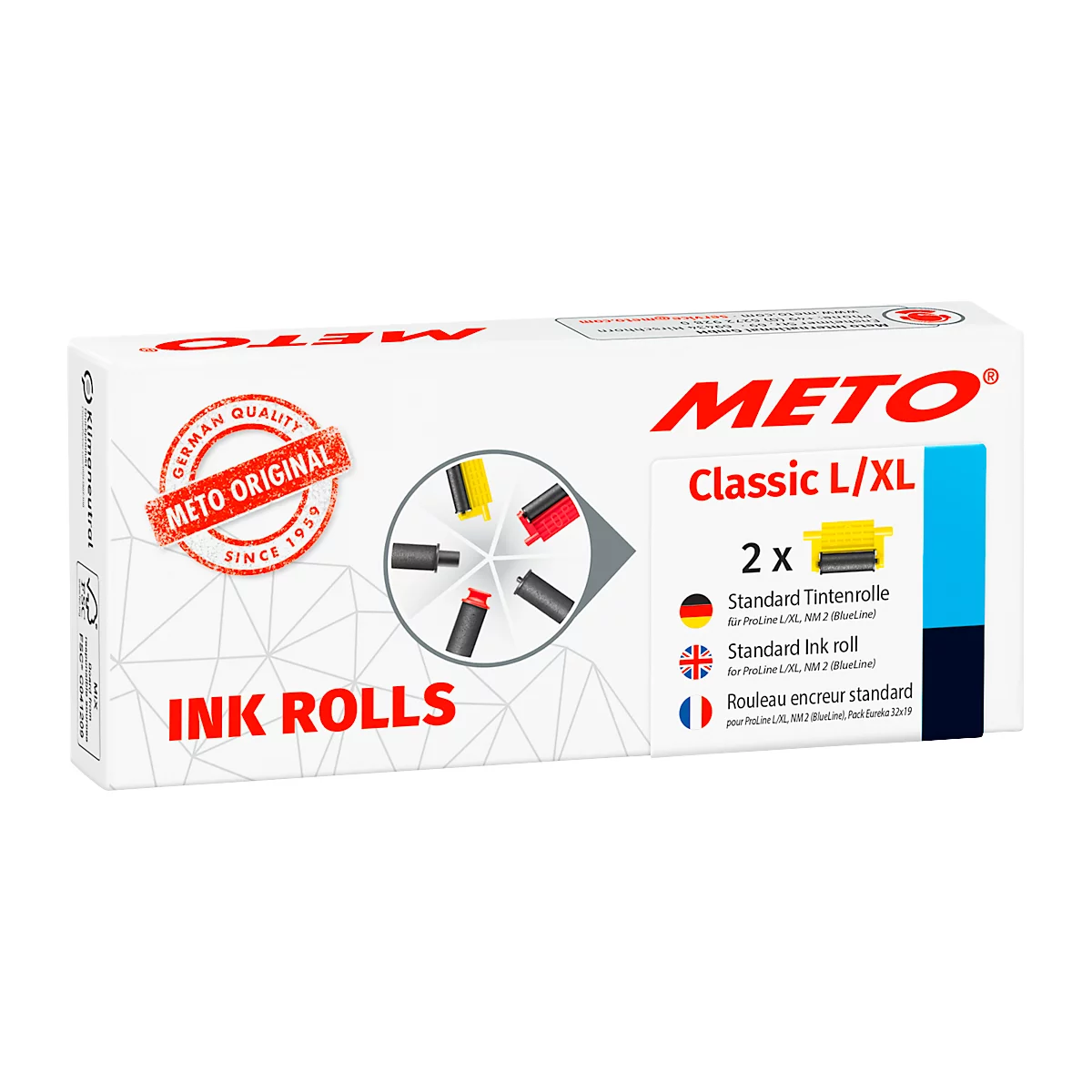 Witte METO-verpakking met rode letters en een kleurrijk diagram van inktrollen. Opschrift: "INK ROLLS", "METO ORIGINAL", "Classic L/XL".
