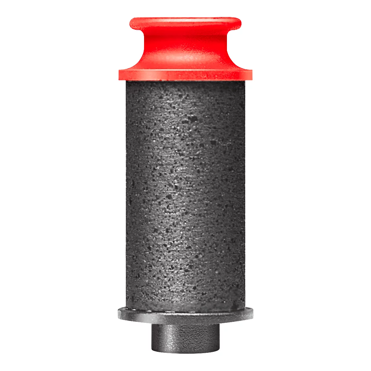 Detailopname van een cilindrisch object met een rode kop en een grijs, poreus lichaam.