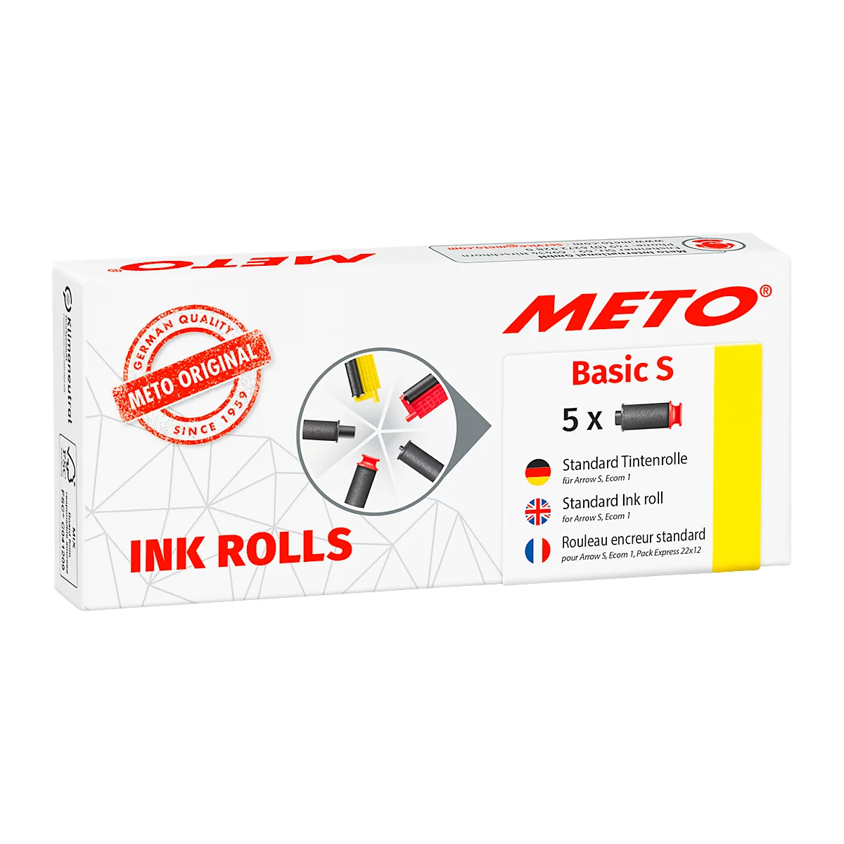Witte doos met rood "METO" logo, met het product "Basic S" en 5 inktrollen. Tekst: "Ink Rolls", "Original", "German Quality".