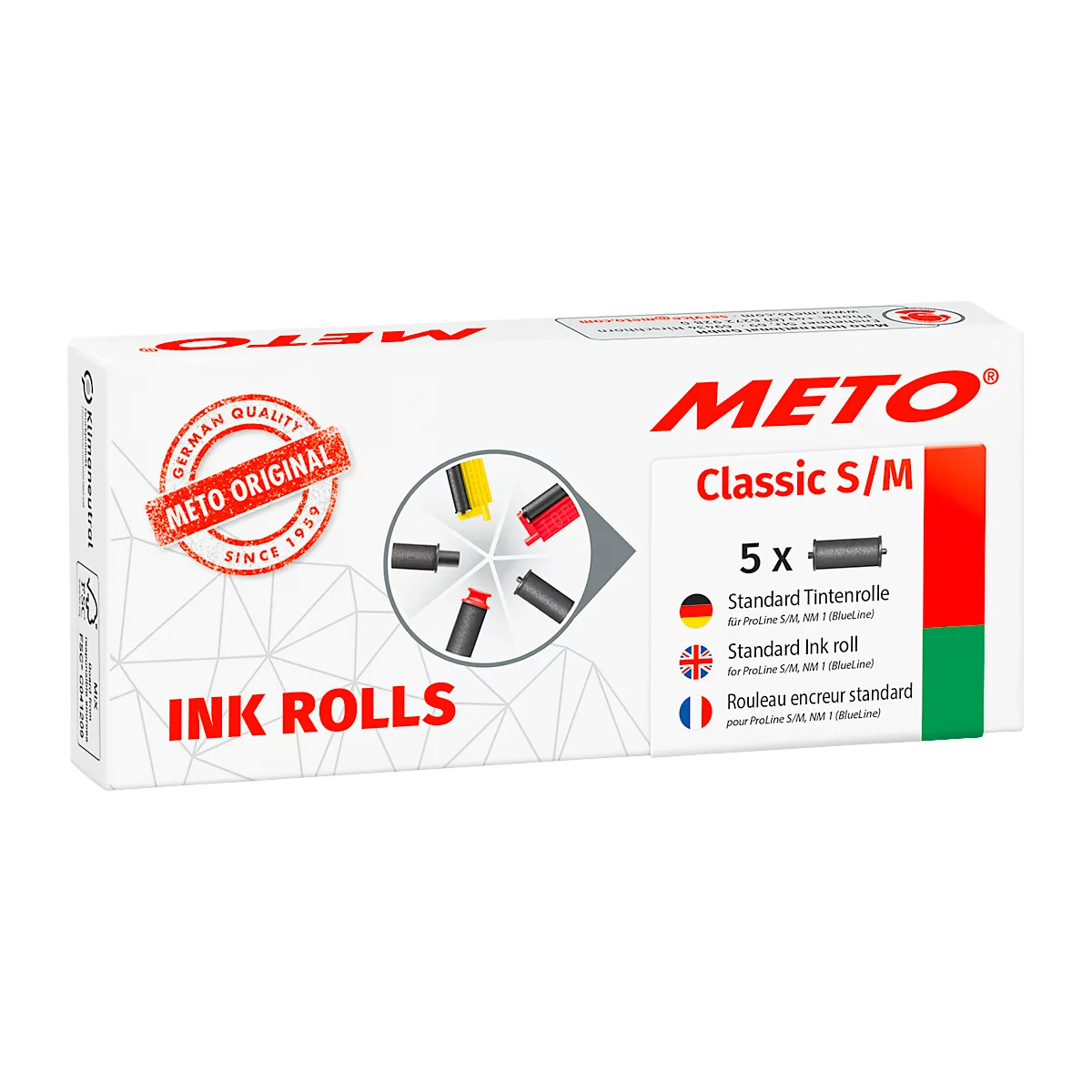 Witte verpakking met rode en blauwe letters. Bedrukt: METO, Classic S/M, Ink Rolls, Duitse, Engelse en Franse etikettering.
