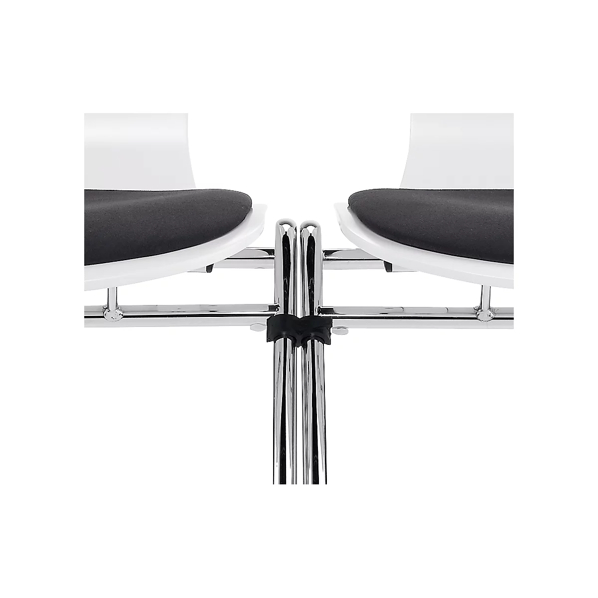 Close-up of two chairs. White seats with black cushions on a chrome frame. The detail shows the legs.