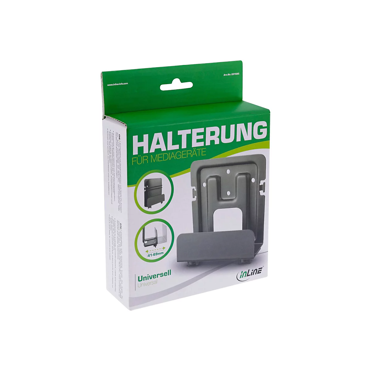 Eine weiÃŸe Produktverpackung zeigt eine Halterung fÃ¼r MediengerÃ¤te. Der Text Halterung fÃ¼r MediagerÃ¤te ist auf der Box zu sehen.
