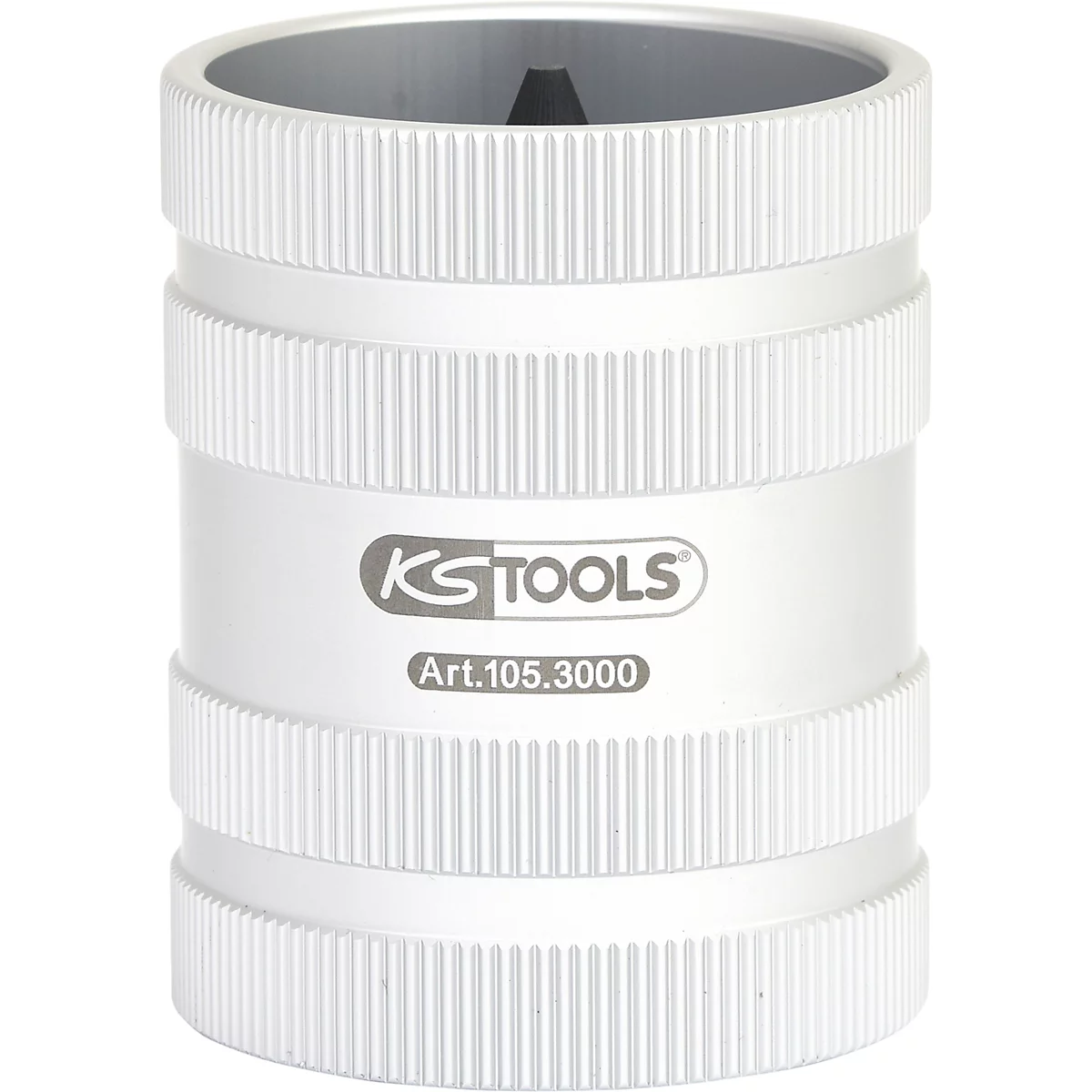 Silberner Rohrschneider mit geriffelten Ringen und Firmenlogo. Aufschrift: KS TOOLS Art.105.3000.
