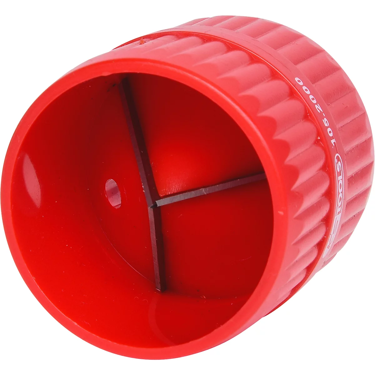 Roter Rohrschneider mit Schneideblättern. Ringsum Text: Tools 105.2000.