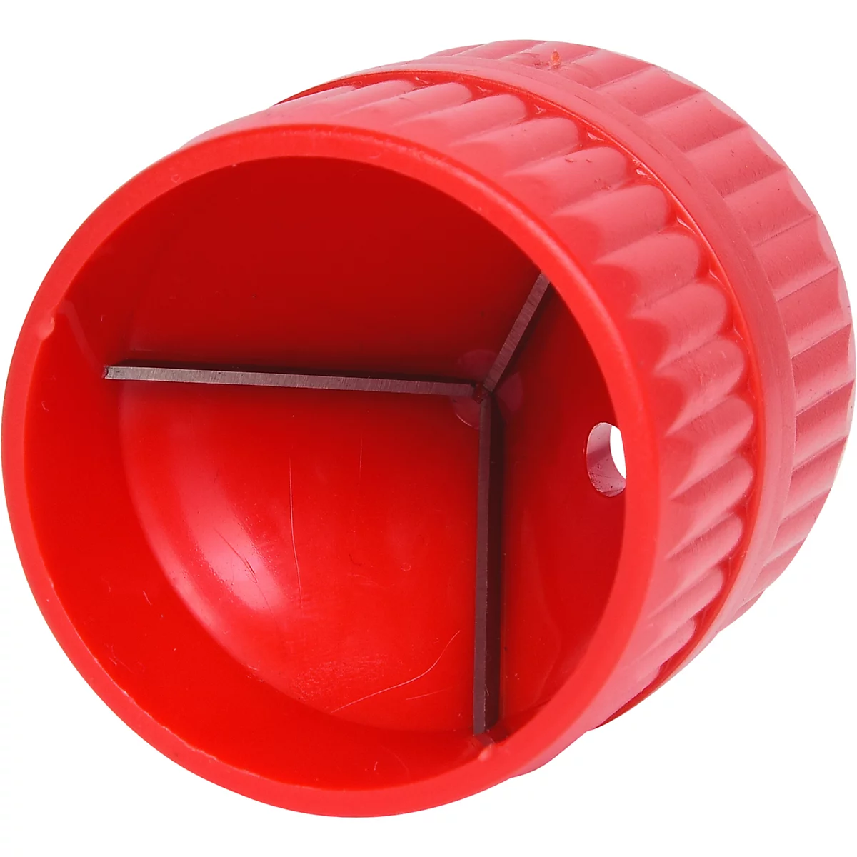 Roter Rohrschneider, offene Seite. Im Inneren sind die Schneidemesser sichtbar.