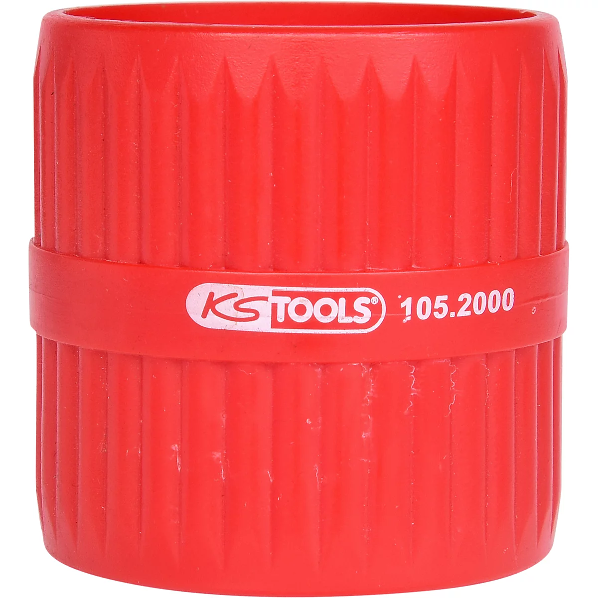 Rotes KS TOOLS Werkzeug. Rundes Kunststoffteil mit gerillter Oberfläche und Schriftzug.