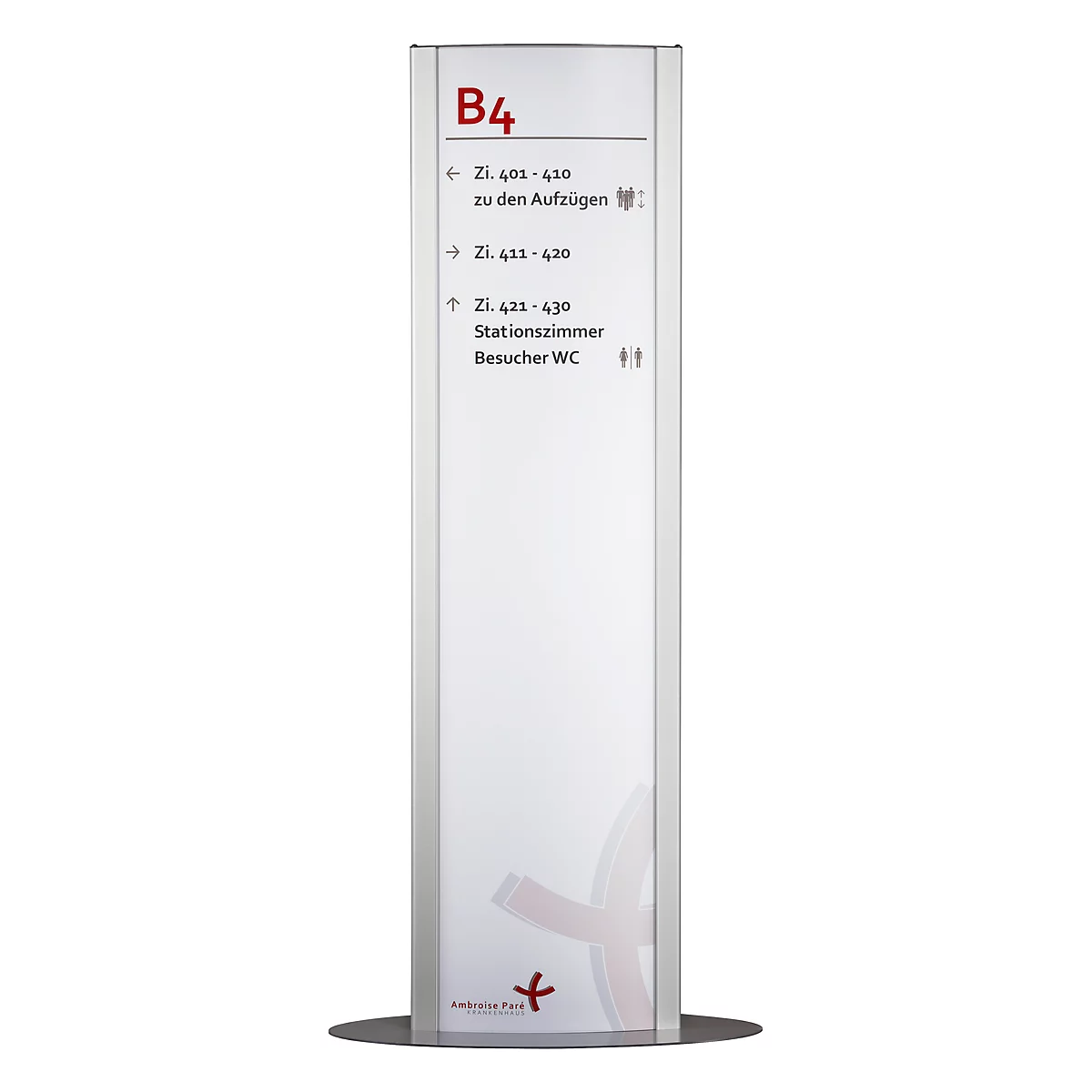 Weiße Stele mit Wegweisern: B4, Zimmernummern, Aufzüge, Stationszimmer, WC-Symbol. Rotes Logo am Boden.