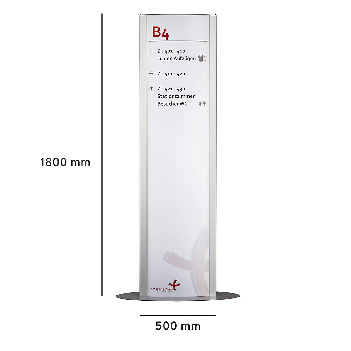 Grosse, schlanke Orientierungssäule mit Informationen zu Aufzügen, Stationszimmern und WC.