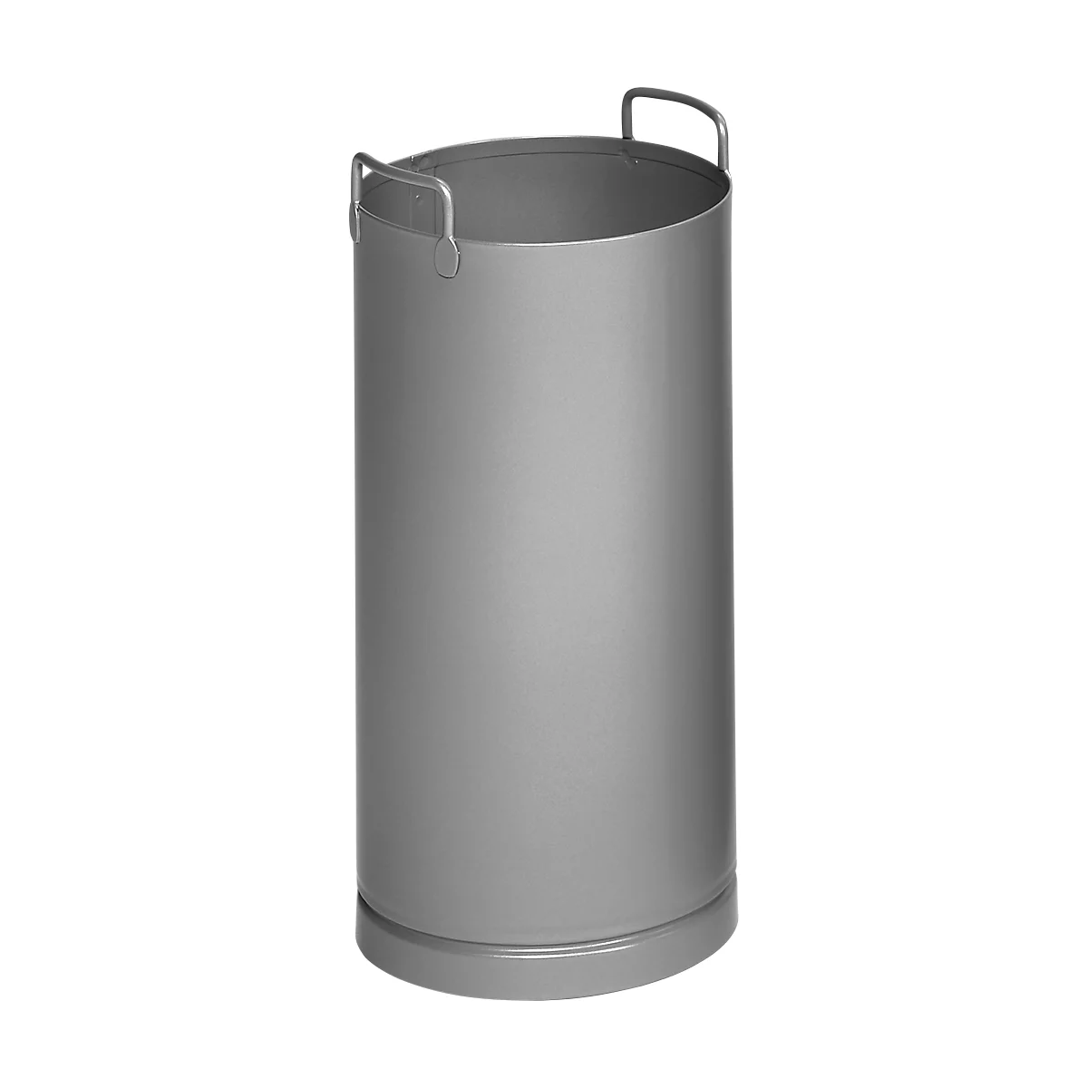 Graue, zylindrische Tonne mit zwei Henkeln, die an den Seiten angebracht sind. Steht auf einem runden Sockel.