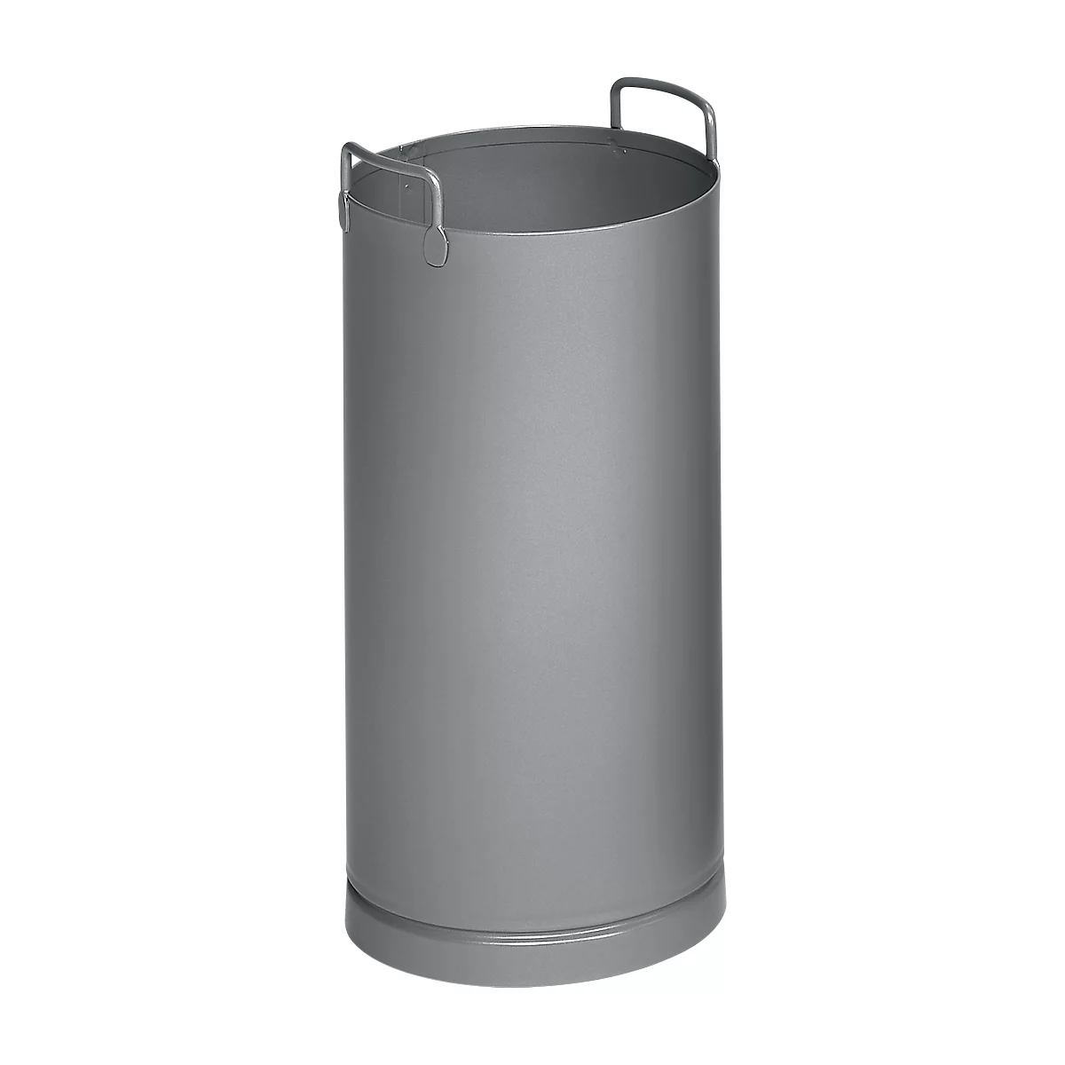 Graue, zylindrische Tonne mit zwei Henkeln, ohne erkennbaren Inhalt.