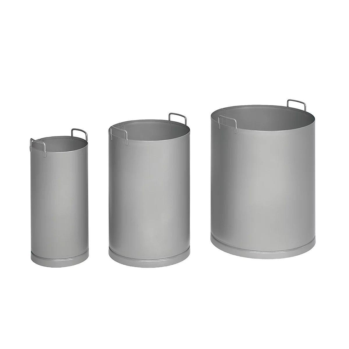 Three differently sized cylindrical metal containers, with handles on top.