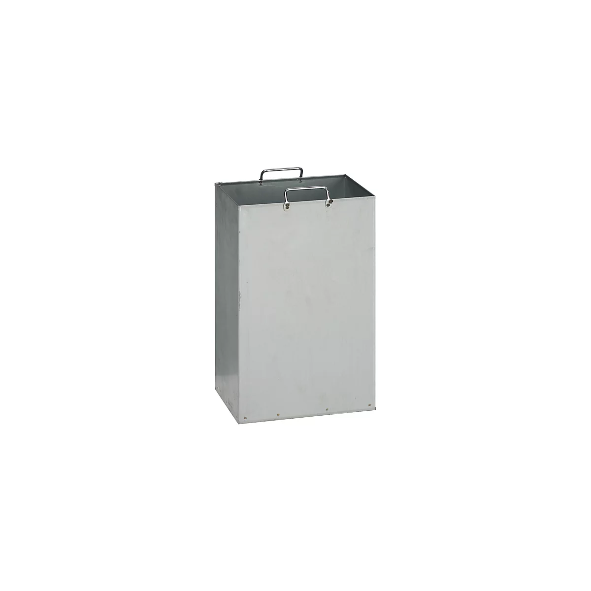 A rectangular, silver metal container with handles. The empty container stands on a white surface.