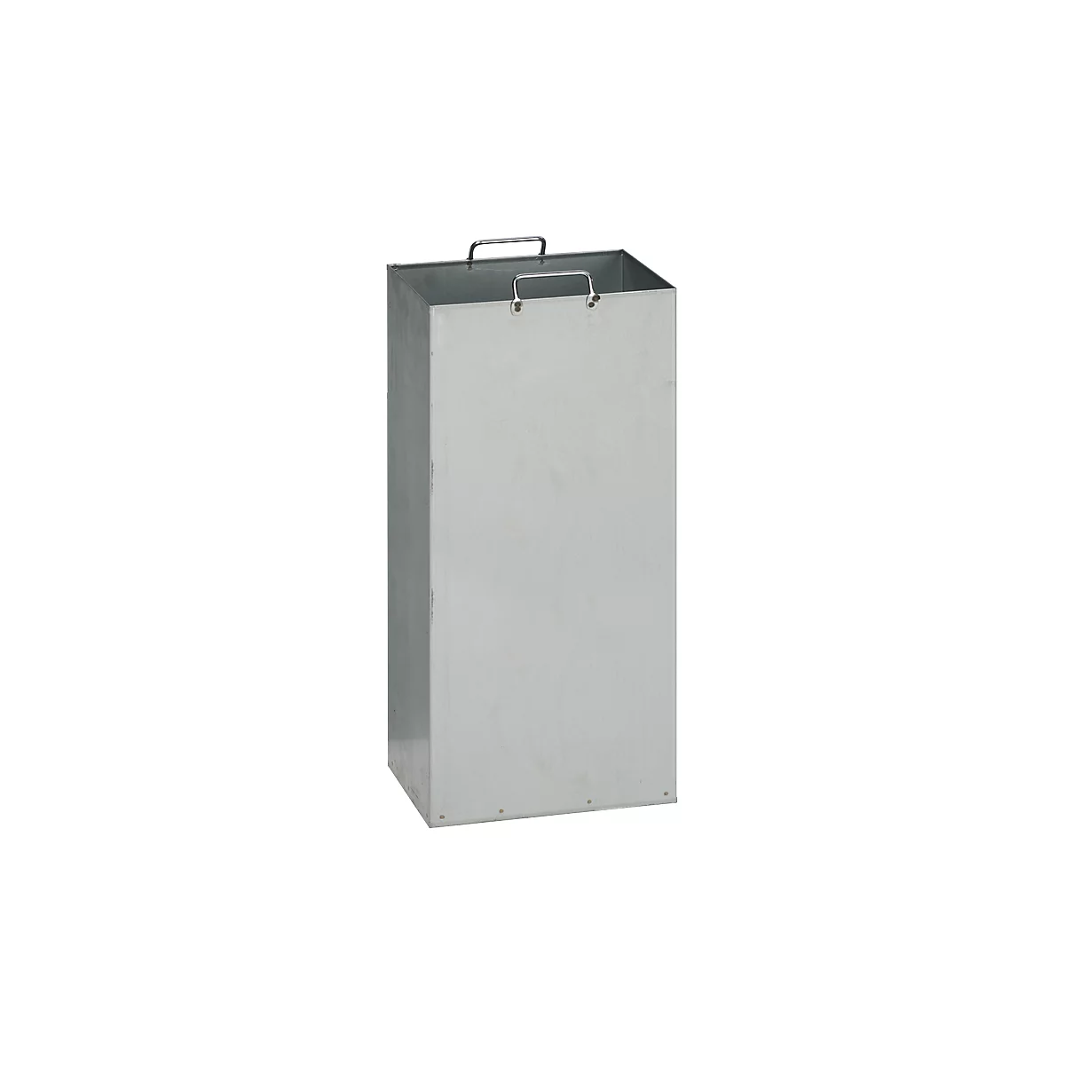 A gray, rectangular waste container with handles.