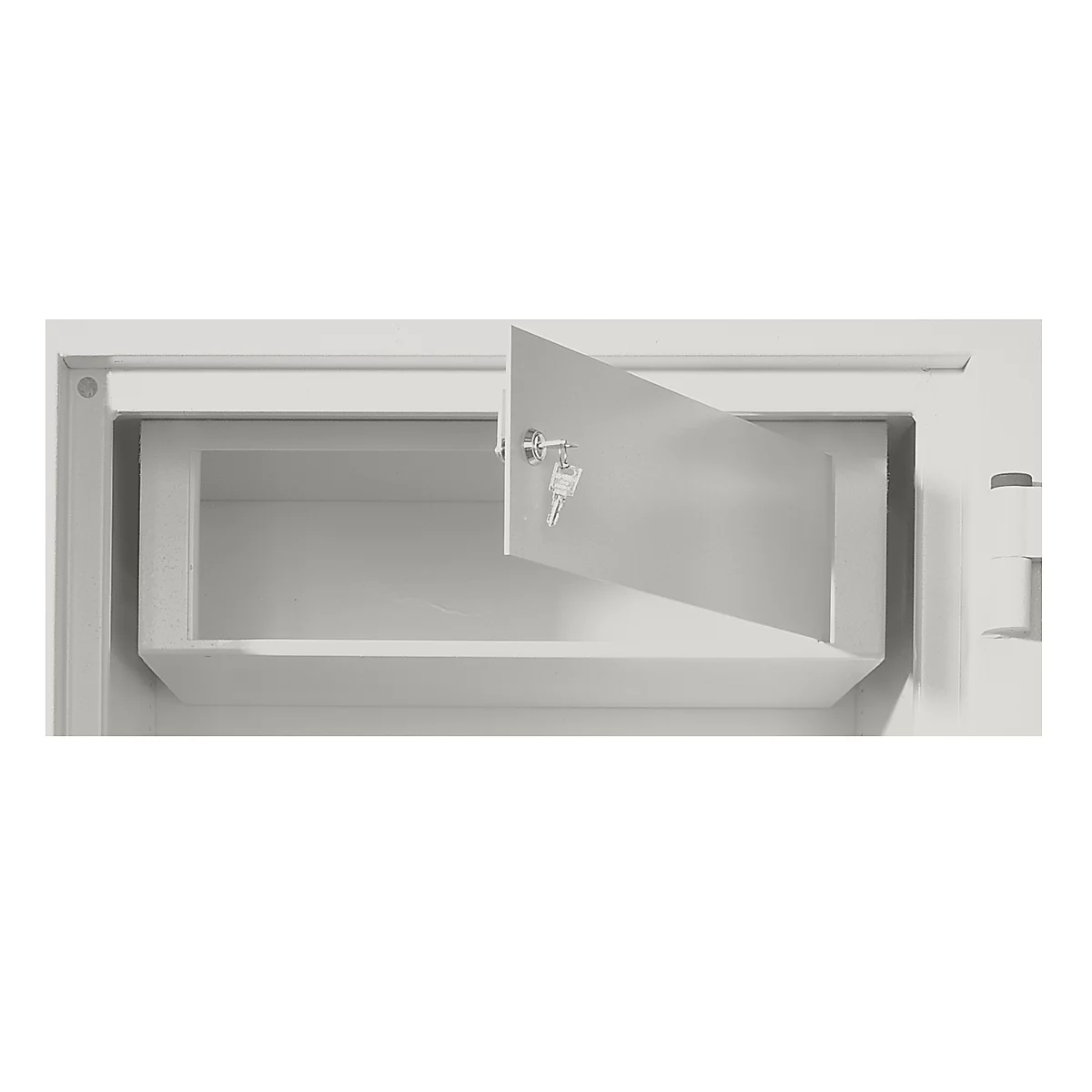 Open safe with keys, empty inside.