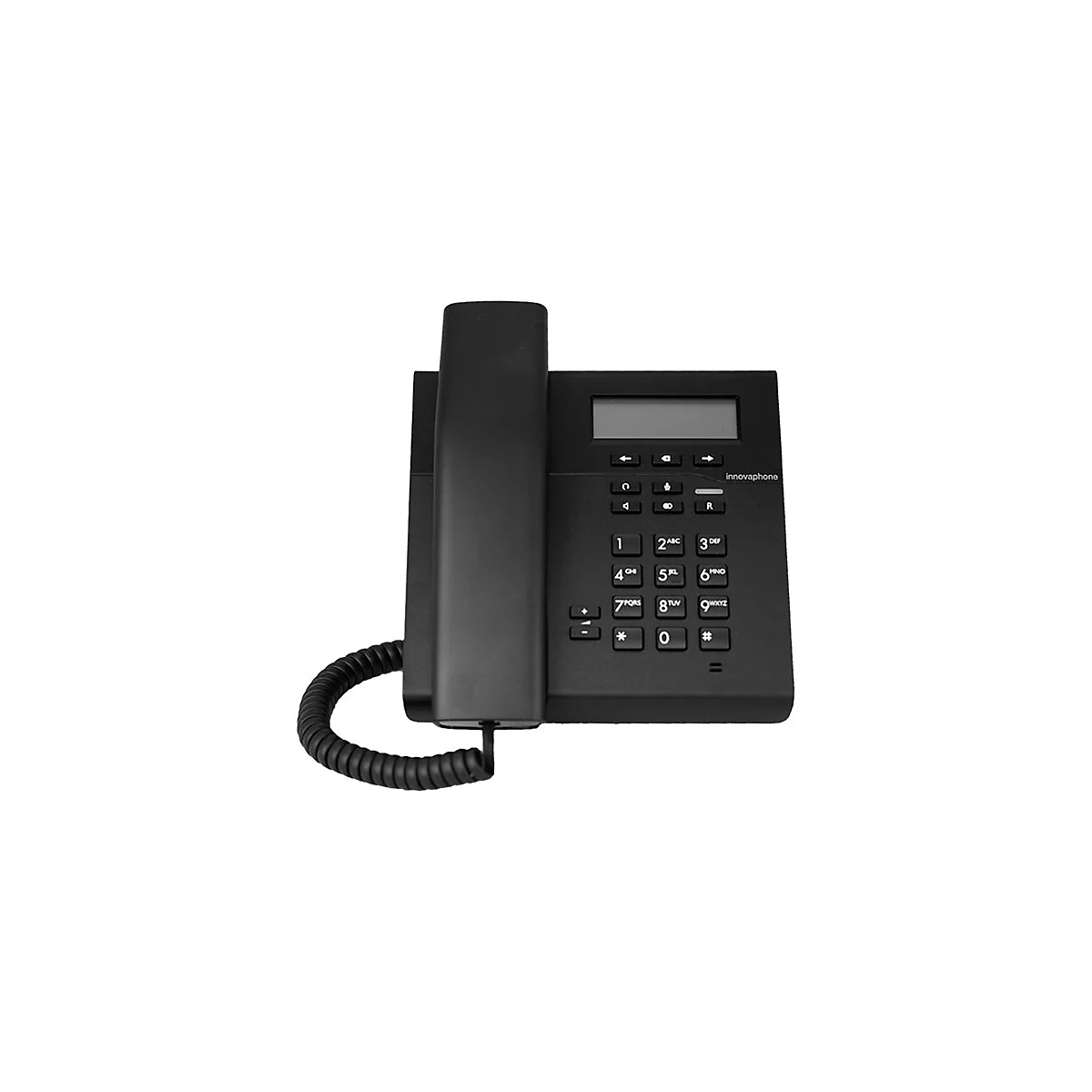 Schwarzes Festnetztelefon mit Display und Ziffernblock.