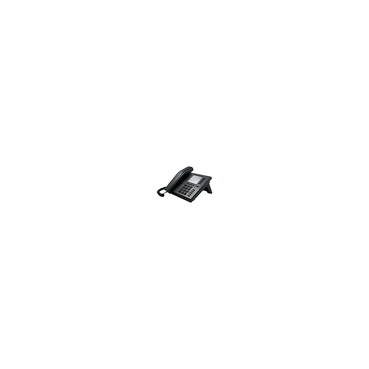Schwarzes Tischtelefon, Display, Tastatur, HÃ¶rer abgelegt.