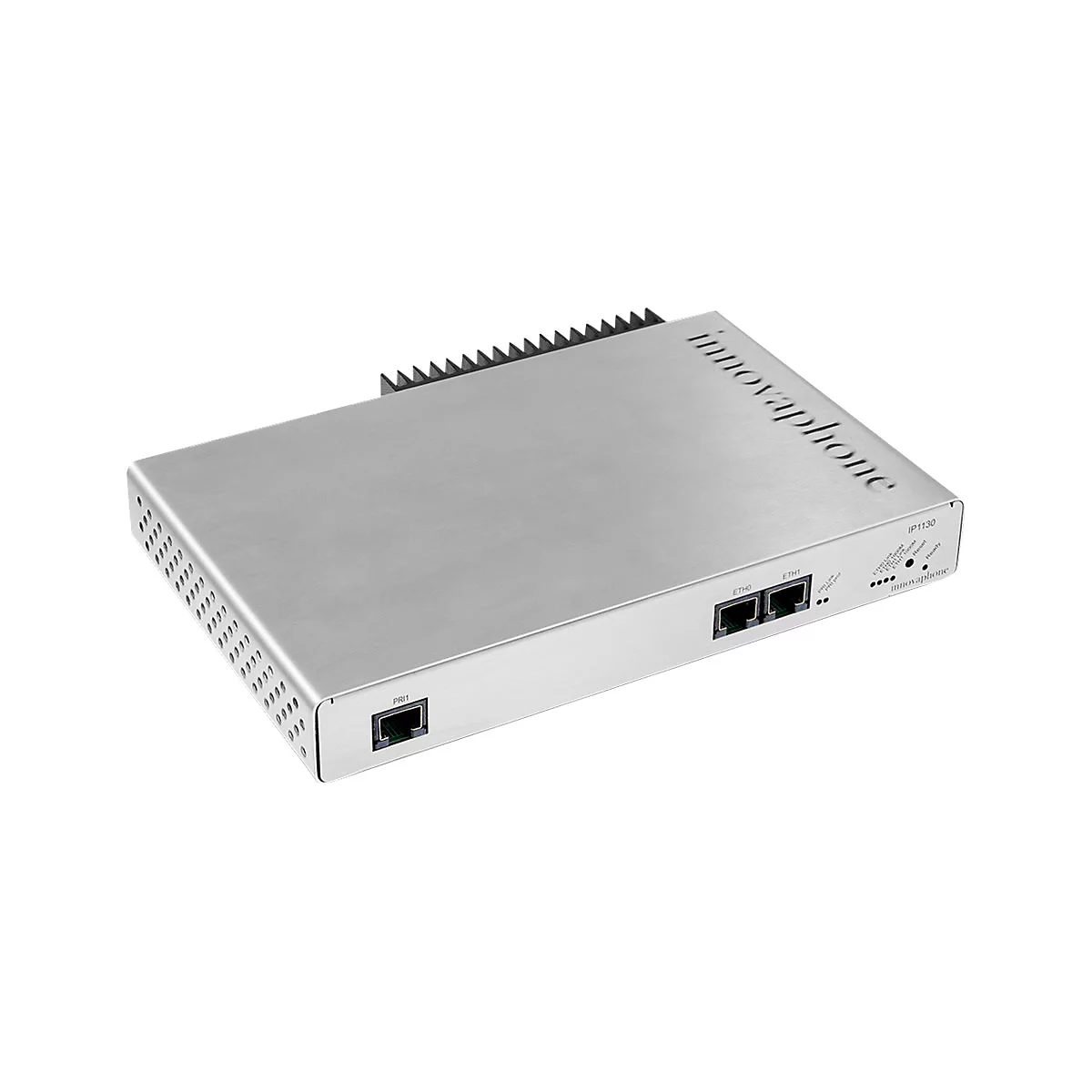 Silberne Innovaphone IP1130. Das Gerät hat Anschlüsse, Lüftungsschlitze und den Schriftzug 'innovaphone'.