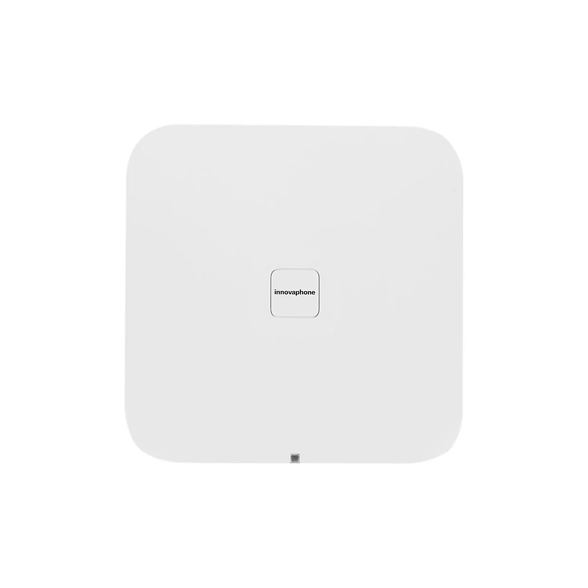 Ein weißes, quadratisches Gerät mit abgerundeten Ecken. Auf dem Gerät steht "innovaphone".
