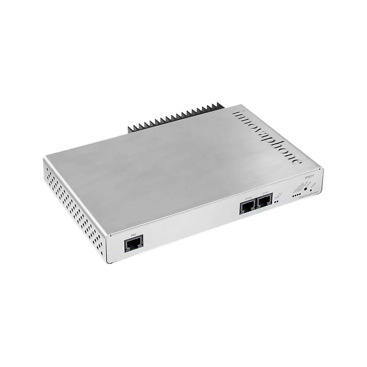 Silberfarbenes Innovaphone-Gerät, IP3011, mit Anschlüssen und Lüftungsschlitzen. Aufschrift "innovaphone".