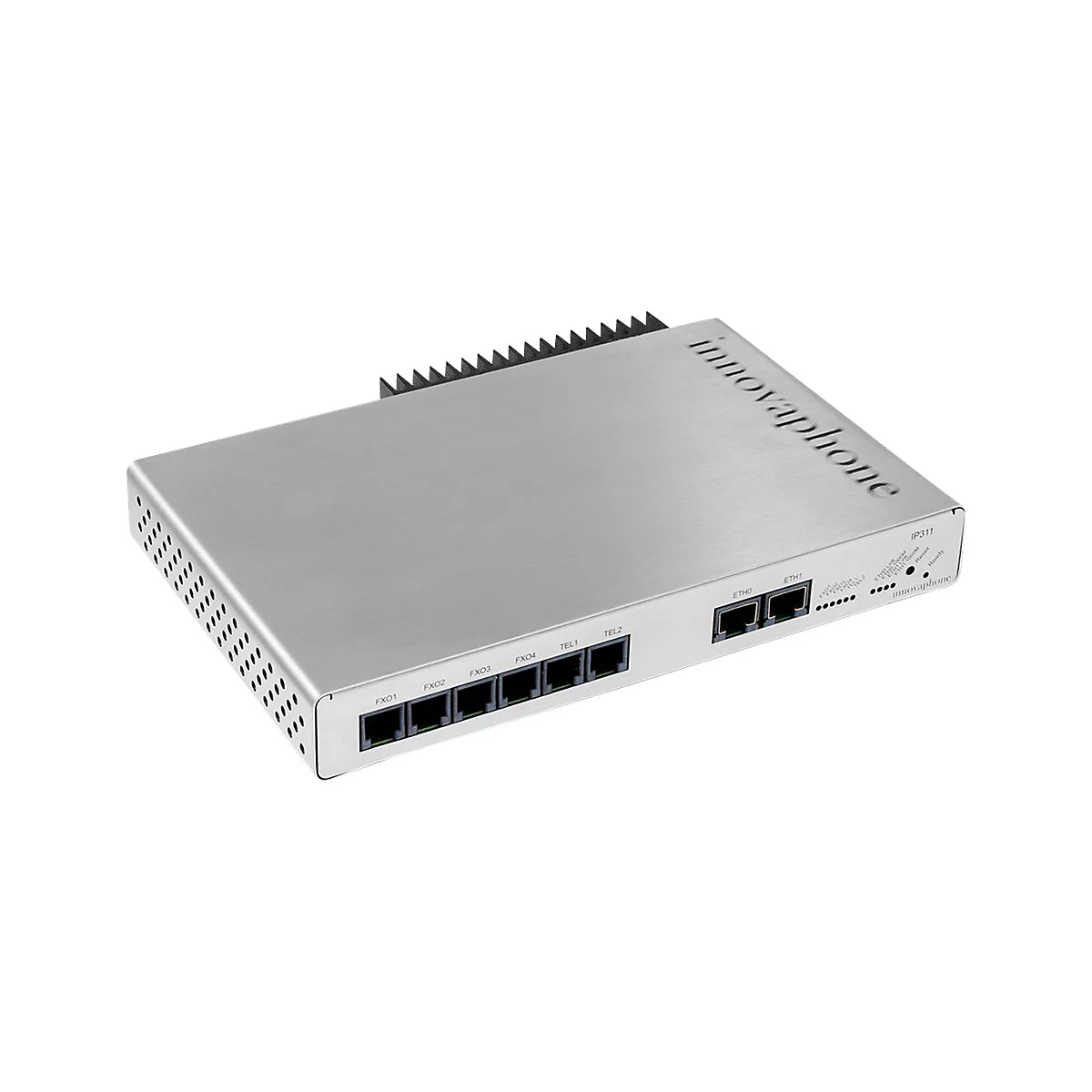 Silberfarbene Innovaphone-IP311-Box mit Anschlüssen, beschriftet mit 'innovaphone'. Rückseite mit Kühlrippen.