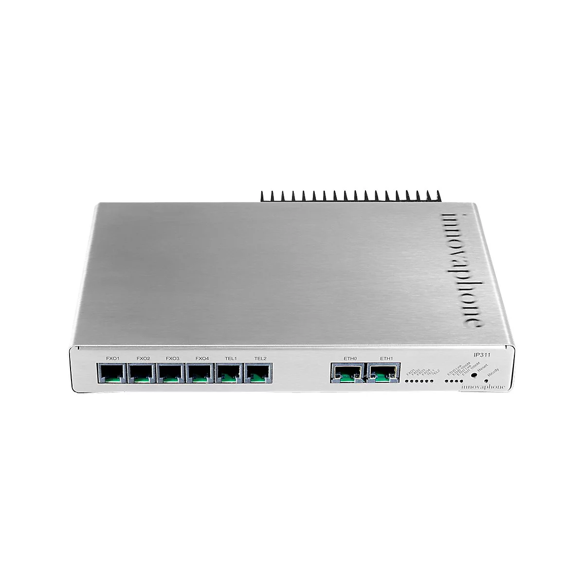 Ein silberfarbenes IP311-Gerät von innovaphone. Auf der Vorderseite sind Anschlüsse für Netzwerkkabel und Telefonkabel zu sehen.