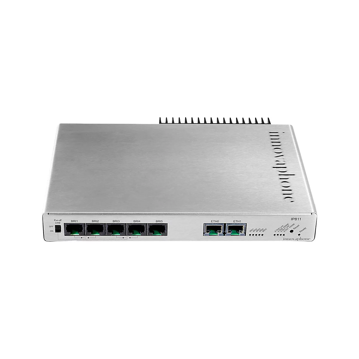 Ein silbernes IP811-Gerät mit mehreren Anschlüssen, Beschriftungen und einem Lüfter. Die Marke ist 'innovaphone'.
