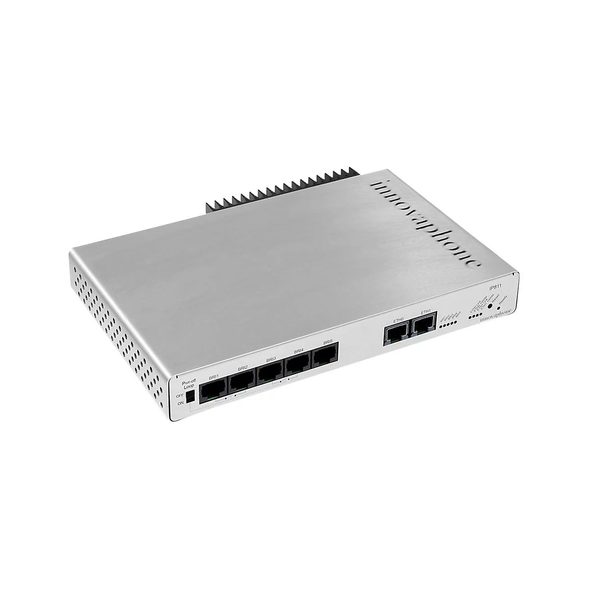 Ein silberfarbenes IP-Telefon-Gateway mit Anschlüssen, Beschriftungen und dem Markennamen innovaphone.