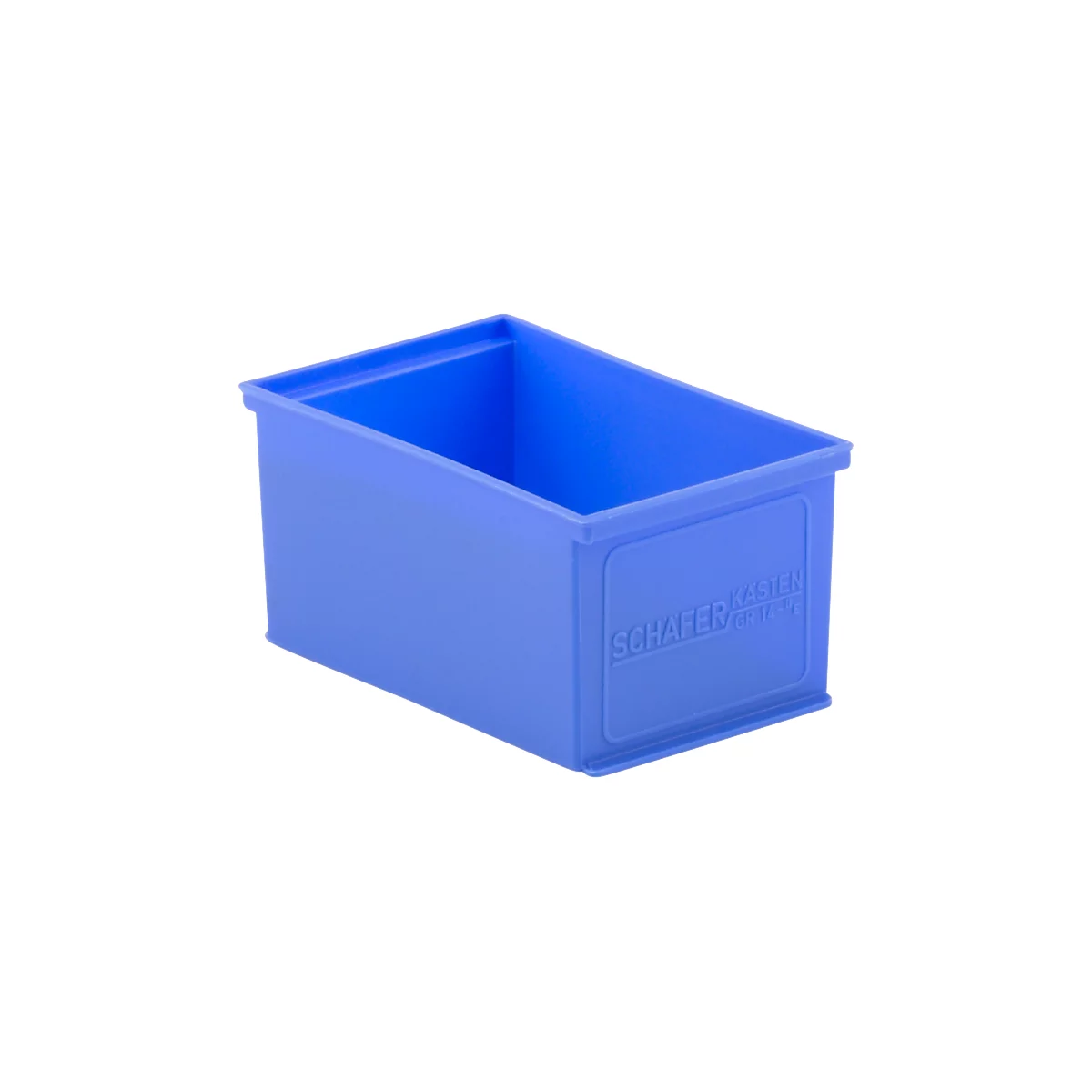 Blue storage box, rectangular, with the lettering SCHÄFER KASTEN. Open top.