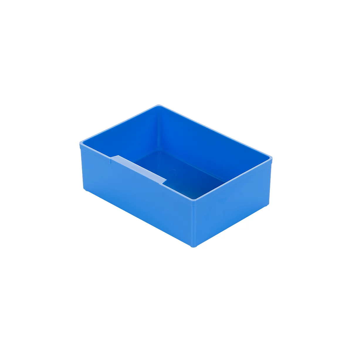 Blue, rectangular plastic box. With a recess on the side.