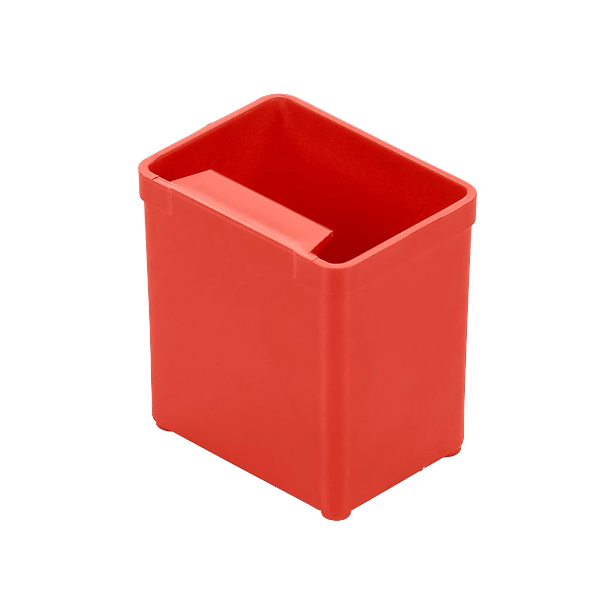 A red rectangular container with handle, photographed slightly diagonally from above.