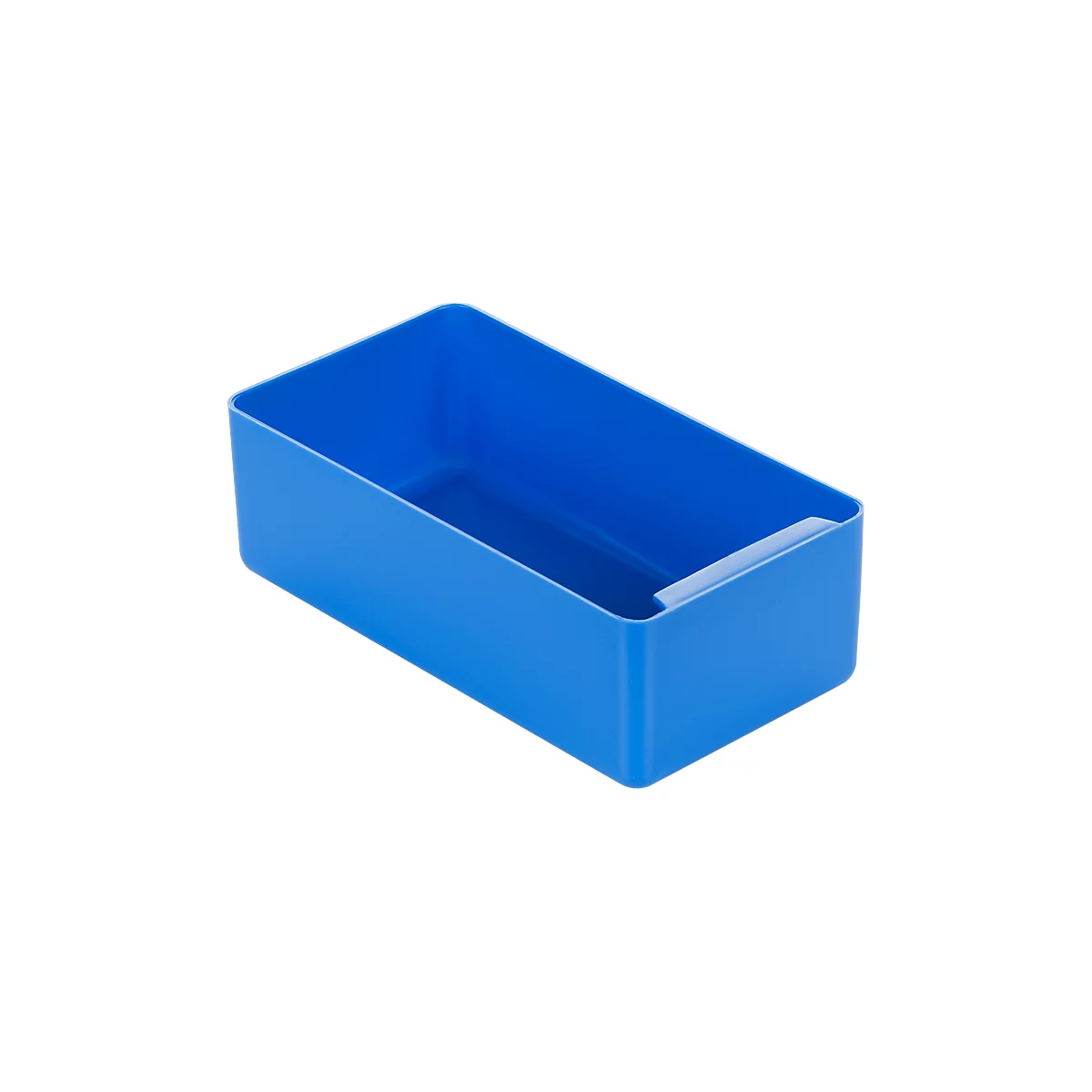 A blue, rectangular plastic storage box. It is light blue inside, with a small recess on the side.