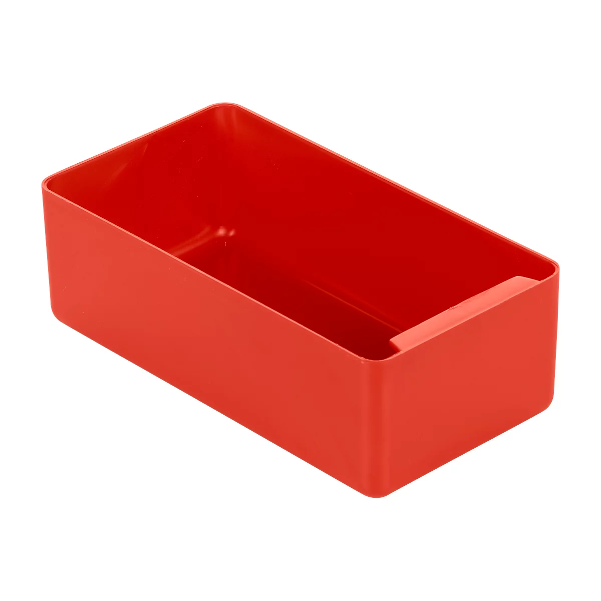 Red rectangular storage box with rounded edges. A recess is located in one corner.