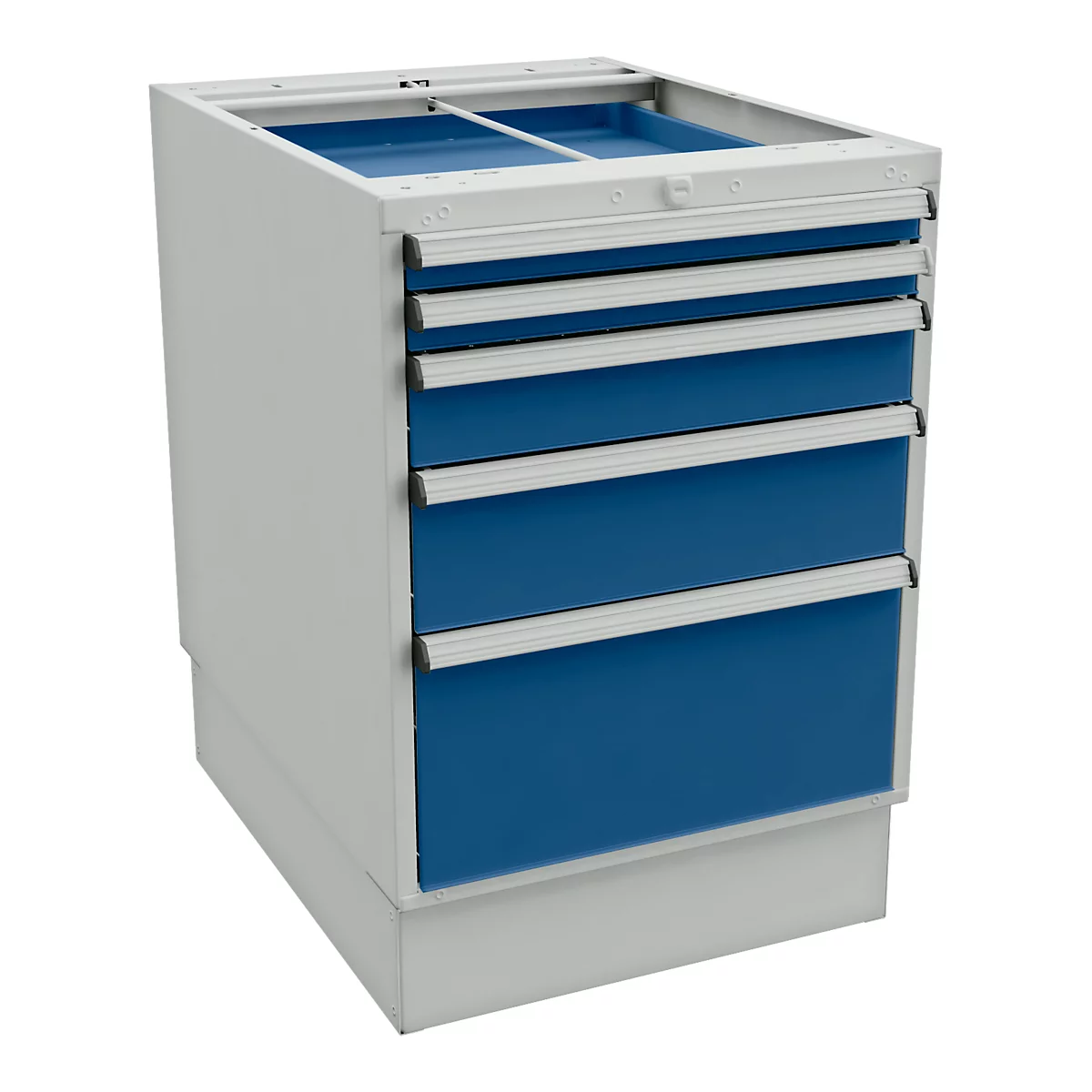 Tool cabinet with blue painted drawers and silver handles. The cabinet is light gray.