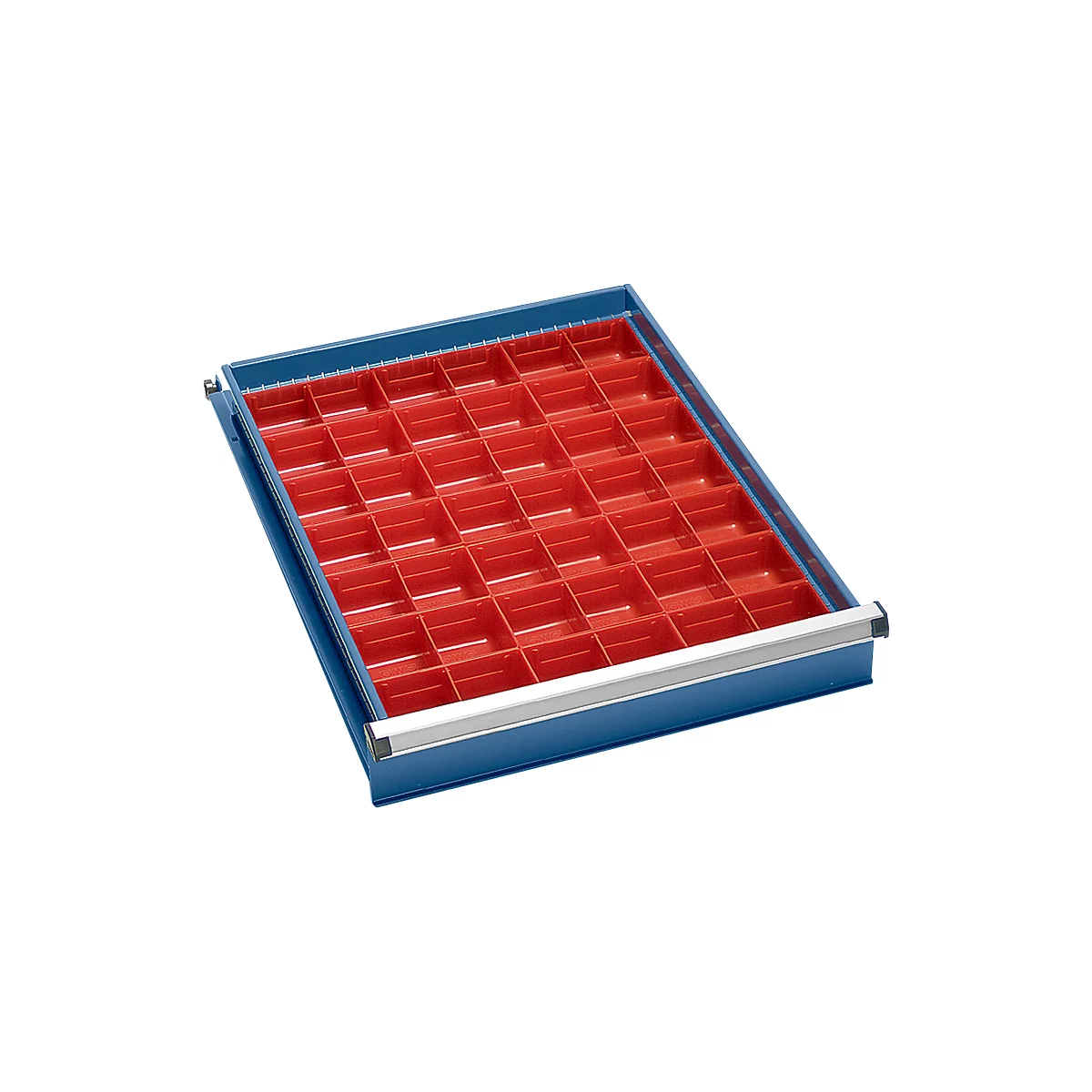 Blue drawer with red interior. The drawer is divided into many small compartments.