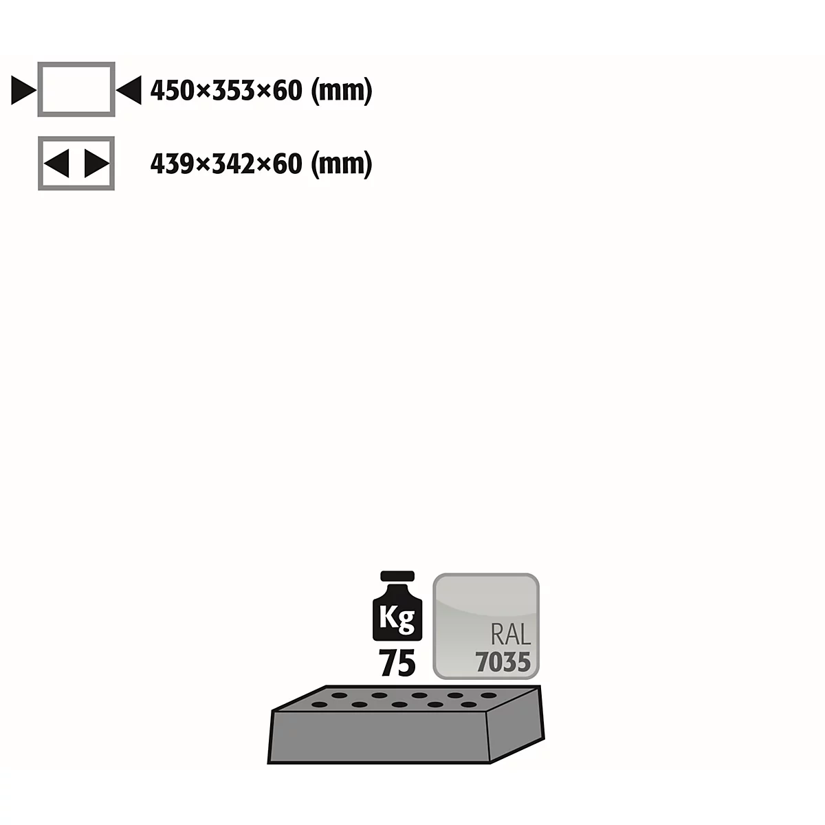 Insert en tôle perforée Norme pour les armoires de sécurité asecos de la série UB90, en tôle d'acier, gris clair, L 442 x P 345 x H 70 mm, jusqu'à 75 kg